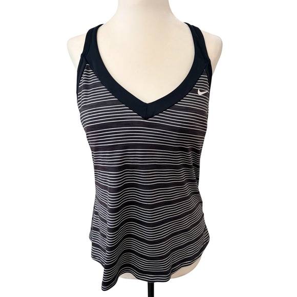 Nike Striped V-Neck Athletic Tank Top with Built-in Bra Black White Size L - Picture 2 of 8